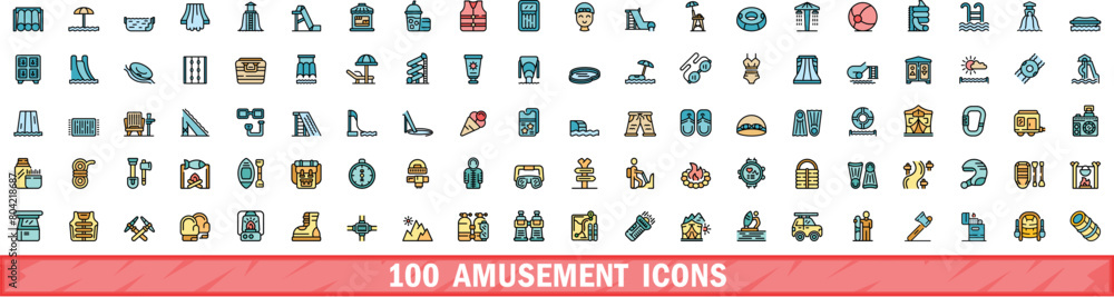 100 amusement icons set. Color line set of amusement vector icons thin line color flat on white 100 amusement icons set. Color line set of amusement vector icons thin line color flat on white