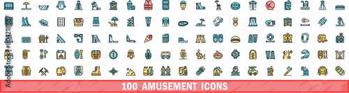 100 amusement icons set. Color line set of amusement vector icons thin line color flat on white