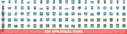 100 appliances icons set. Color line set of appliances vector icons thin line color flat on white