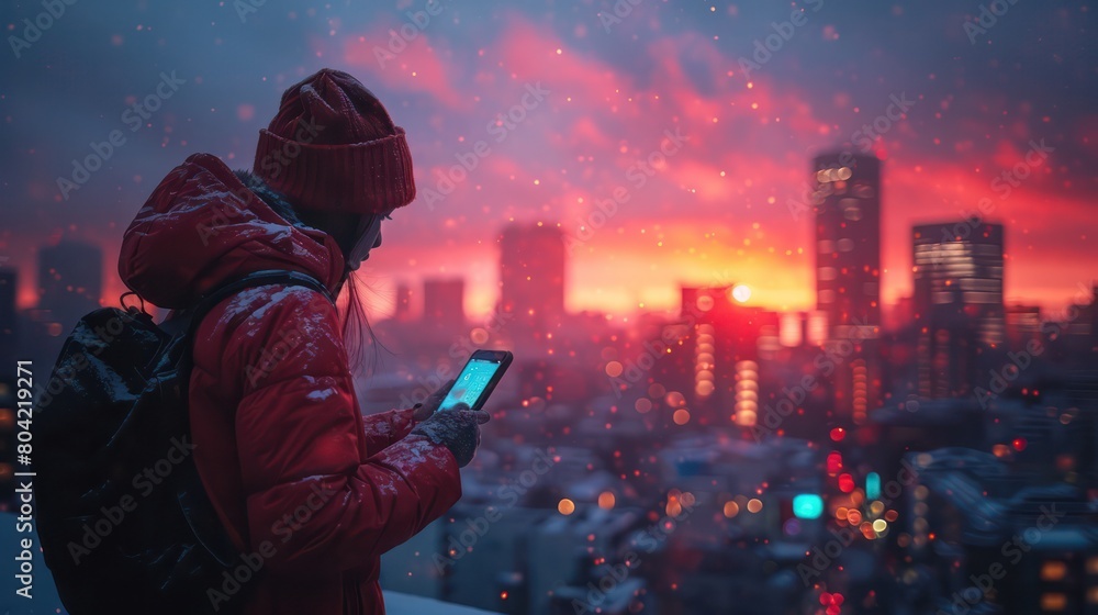 Silhouette of a young person using a smartphone, standing against a large cityscape during sunset, highlighting the modern urban lifestyle. Silhouette of a young person using a smartphone, standing against a large cityscape during sunset, highlighting the modern urban lifestyle.