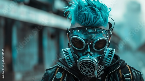 A man with blue hair wearing a silver futuristic respirator