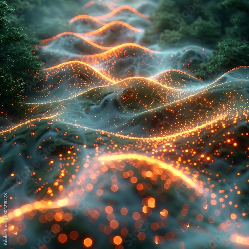 A digital landscape made up of glowing code and algorithms