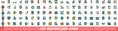 100 bodybuilder icons set. Color line set of bodybuilder vector icons thin line color flat on white