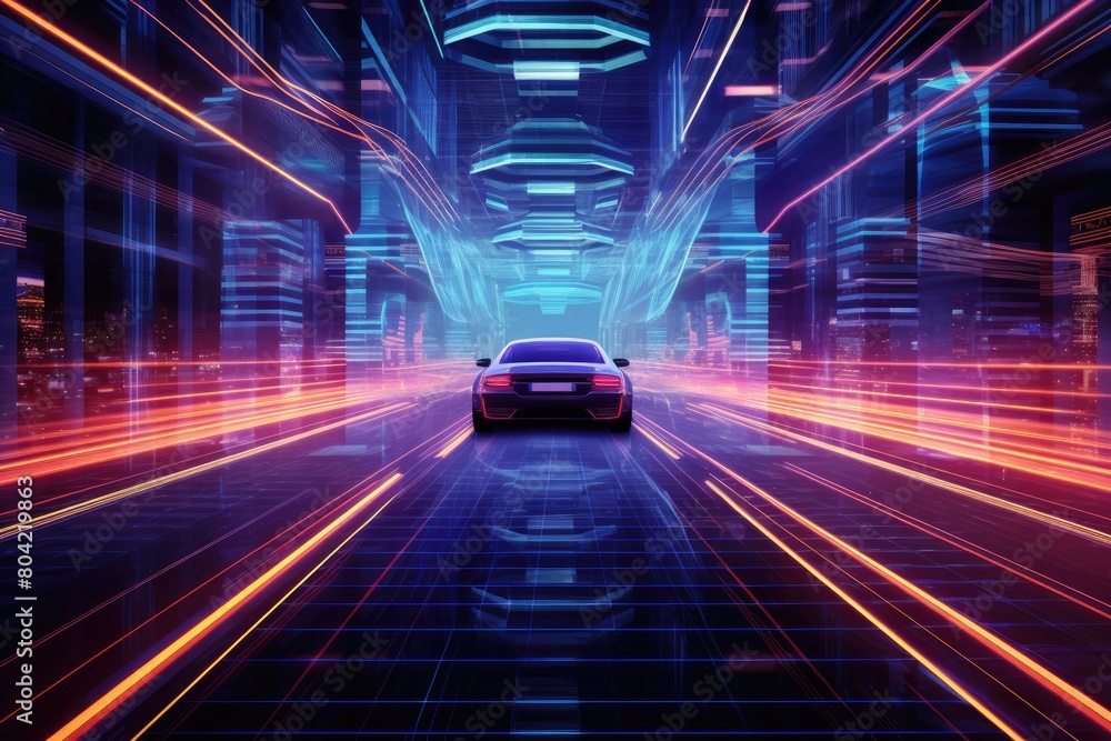 Drive through a futuristic city with holographic projections.