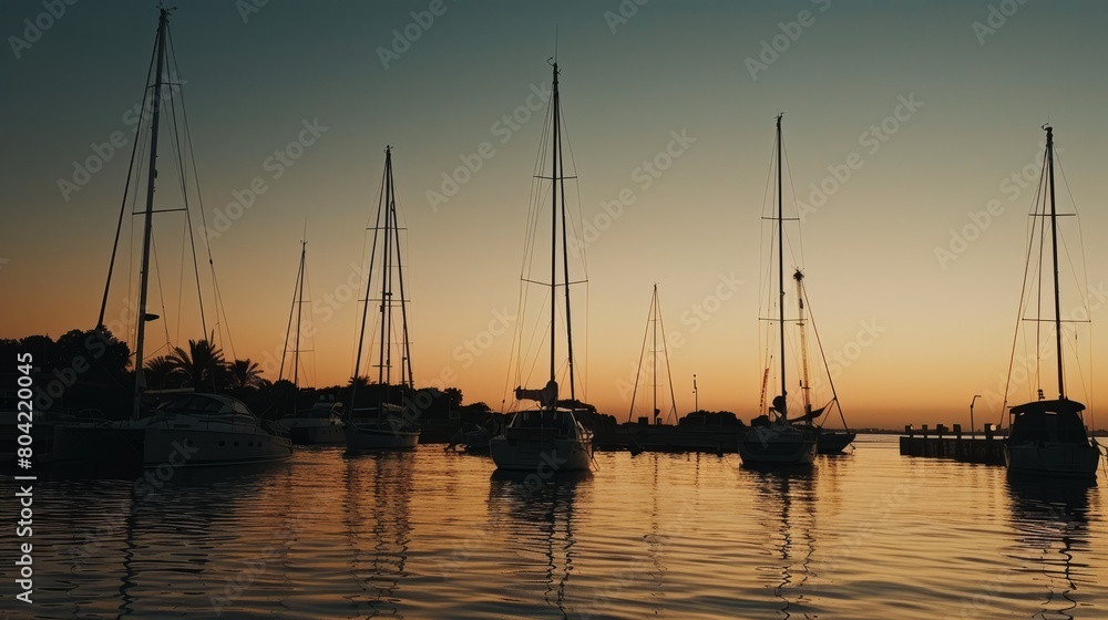 A serene harbor scene at twilight, with sailboats moored along the quay and the last rays of sunlight casting a warm glow over the water against the backdrop of a dusky sky