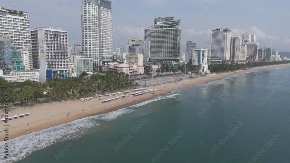 An immersive aerial panorama revealing the charm of Nha Trang's skyline, with wispy clouds adding a touch of drama to the cityscape as traffic flows gracefully below. An immersive aerial panorama revealing the charm of Nha Trang's skyline, with wispy clouds adding a touch of drama to the cityscape as traffic flows gracefully below.