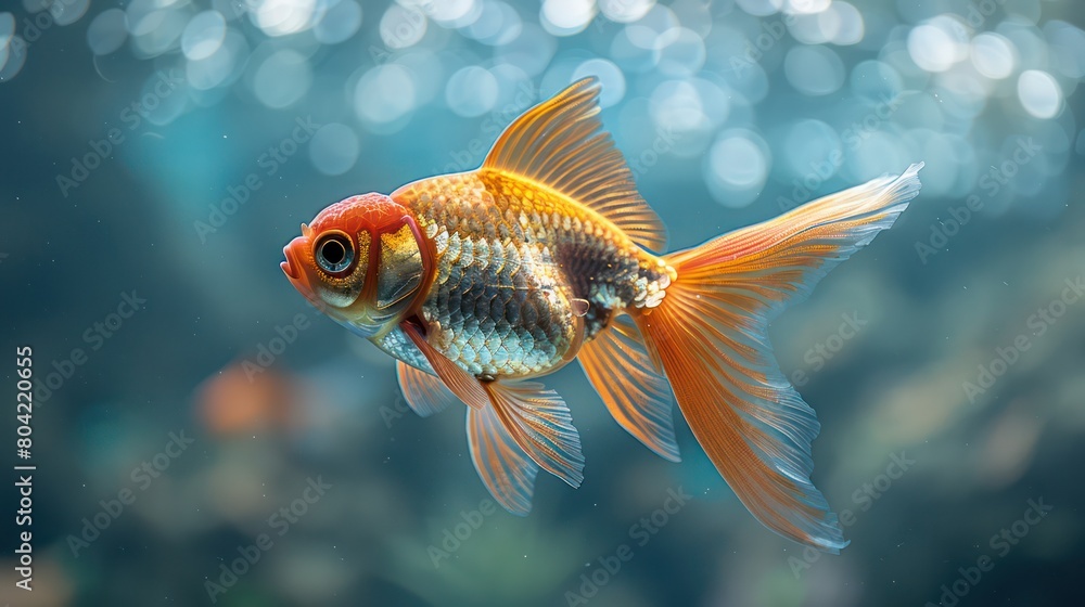 Macro view of a goldfish swimming gracefully in a clear tank, focusing on its shimmering scales. Macro view of a goldfish swimming gracefully in a clear tank, focusing on its shimmering scales.