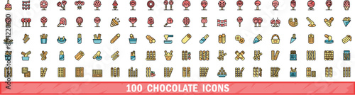 100 chocolate icons set. Color line set of chocolate vector icons thin line color flat on white