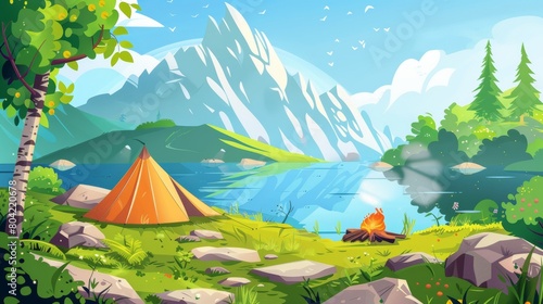 Illustration of a mountain landscape with camping near a lake. Modern illustration of a tent and campfire  beautiful background  a footpath on a green hill  rocks with glaciers on top  blue sunny