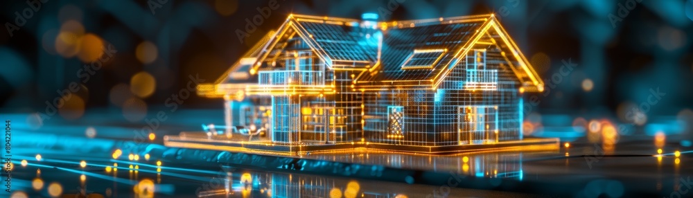 Close-up shot of a 3D holographic home model in the construction phase, illustrating the intricate process of building a modern residence Close-up shot of a 3D holographic home model in the construction phase, illustrating the intricate process of building a modern residence