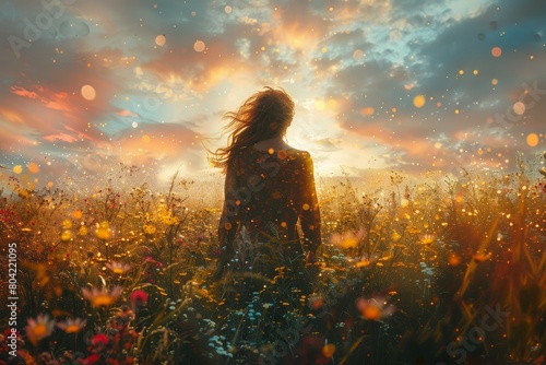 Captivating back view of a woman immersed in a wildflower field during a breathtaking sunset, with shimmering particles floating in the air