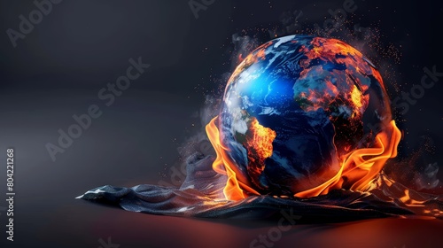 Fiery flames engulf a globe in a close-up shot, set against a minimalist gray backdrop with generous space for additional text or graphics
