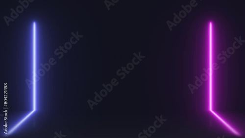 Introduction animation made of a vertical neon line bar splitting into two (blue and pink) with a 3D reflection on the floor (like a portal). photo