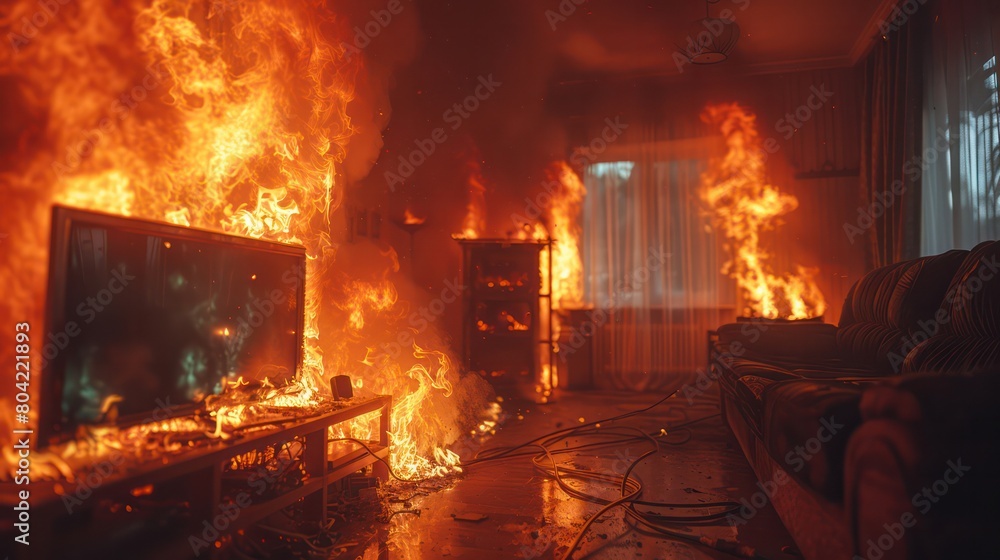 Home electric wire plug in indoor in fire caused by a short circuit , domestic accident concept image Home electric wire plug in indoor in fire caused by a short circuit , domestic accident concept image
