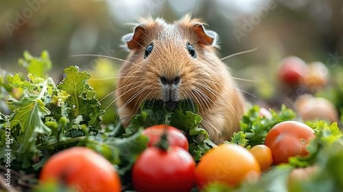 Intimate shot of a guinea pig nibbling on fresh vegetables, showcasing its expressive eyes and whiskers. photo