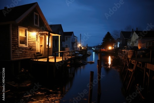 Nighttime drive through a small fishing village with dock lights.