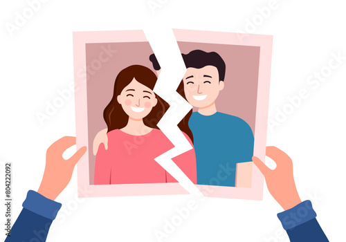 Hands holding a torn photo of loving couple in flat design. Broken heart concept. Love hurts. Breakup lover or divorced marriage.
