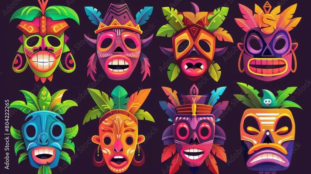 Masks with toothy smile - cartoon modern illustrations set of colorful tribal wooden totems. Images of deities from Hawaiian and Polynesian cultures. Masks with toothy smile - cartoon modern illustrations set of colorful tribal wooden totems. Images of deities from Hawaiian and Polynesian cultures.