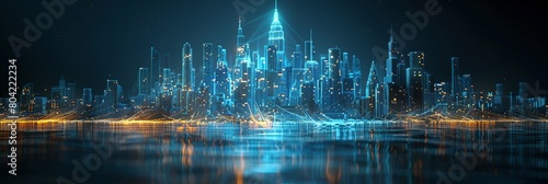 Wireframe hologram of a simplified cityscape, where vibrant neon blue lines meticulously weave intricate patterns around its most recognizable structure, all displayed against a void-like background. photo