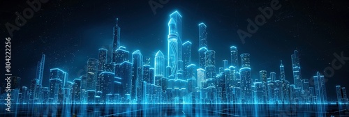 Wireframe hologram of a simplified cityscape, where vibrant neon blue lines meticulously weave intricate patterns around its most recognizable structure, all displayed against a void-like background. photo
