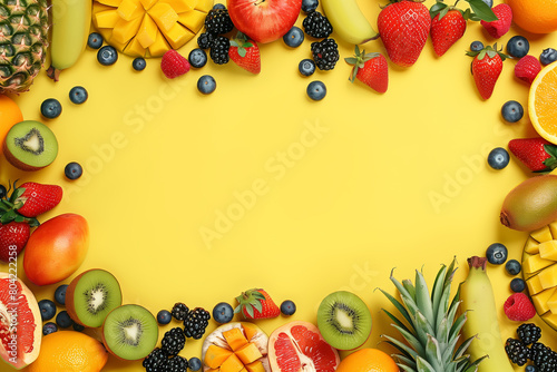 Vibrant and colorful composition of various fresh fruits on yellow background. Includes mangoes, pineapples, strawberries, blueberries, kiwis, oranges. With copy space for text or design elements.
