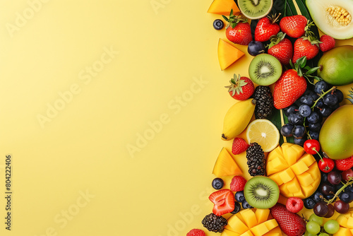 Composition of various fruits arranged on the right side against a bright yellow background. Includes pineapples  mangoes  strawberries  blueberries  kiwi fruit. Comercial photography.