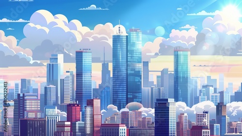 A city view with a skyline and a cloud background. Modern high business office construction in town. Condo real estate big home in metropolis downtown district.