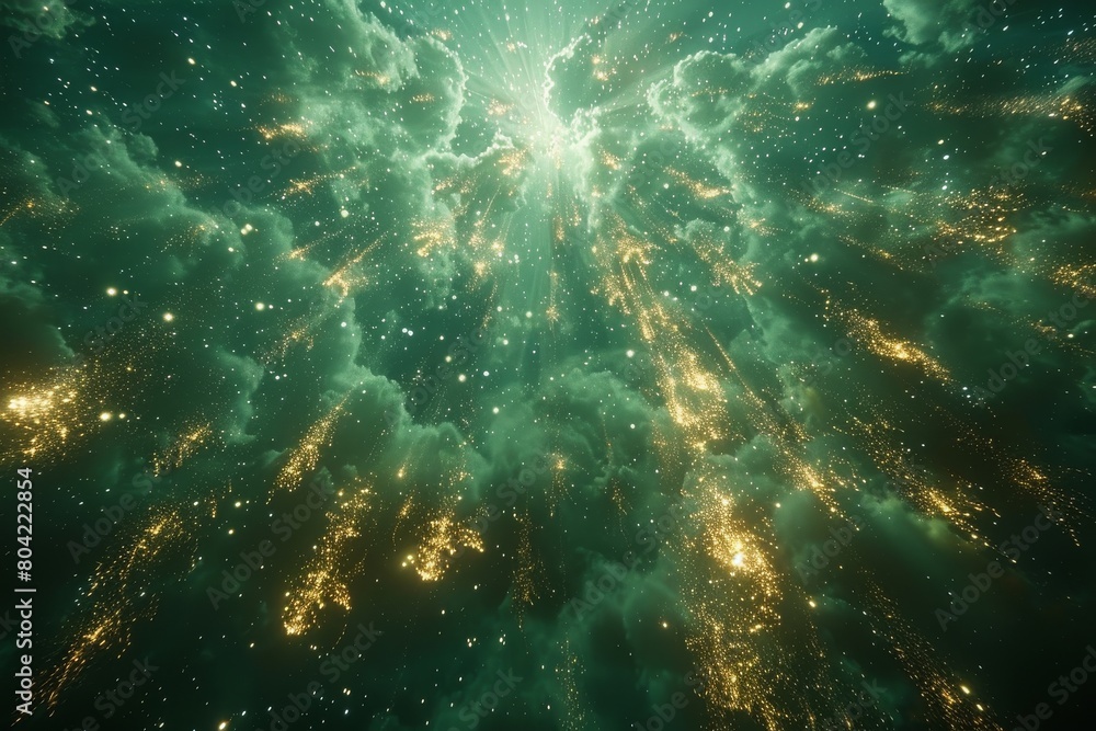Fototapeta premium A cone-shaped burst of gold particles simulates a supernova or cosmic explosion in deep space