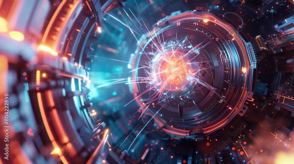 Fusion reactor, conceptual 3D illustration. Nuclear fusion is the combination of atomic nuclei, a process that releases massive amounts of energy