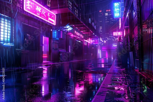 Cyberpunk alley bathed in neon light, rain slick asphalt reflecting the glow.