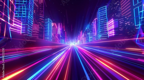Night neon city with moving speedway. Abstract skyscraper cityscape. Power highway light path in metaverse. Speedway urban illustration with fast energy trail.