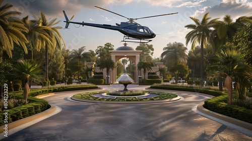 A luxury estate entrance with a private helicopter pad and a landscaped roundabout photo