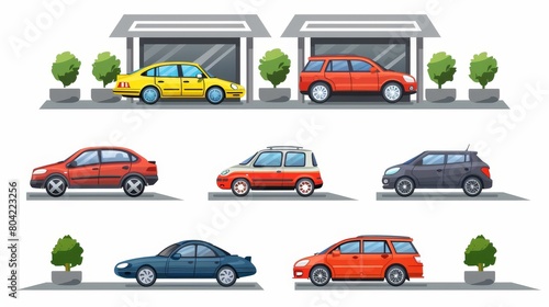 A parking space outside a store is modernized. This modern is a clipart set of images for an outside street drive vehicle area nearby a store. This is a grass garden and pot outdoor collection. A