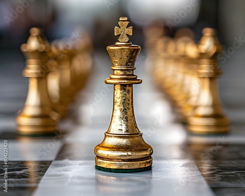 Regal Golden Chess King Piece Among Subdued White Pawns Showcasing Its Standout Leadership Role