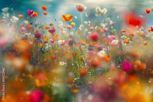 A meadow bursting with colorful flowers under a sunny sky, creating a vivid and lively scene © Ilia Nesolenyi