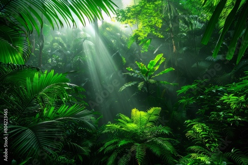 Sunlight filters through the dense canopy of a lush green forest packed with a variety of trees