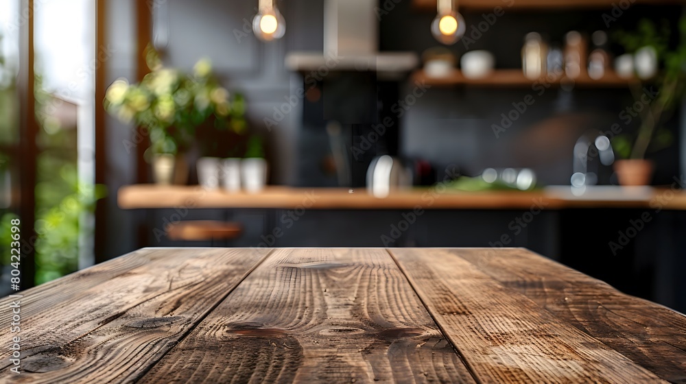 Wooden Tabletop in Focus Against Softly Blurred Modern Kitchen Interior with Copy Space Wooden Tabletop in Focus Against Softly Blurred Modern Kitchen Interior with Copy Space
