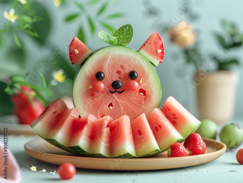Slices of watermelon arranged in the shape of a cute animal 8K , high-resolution, ultra HD,up32K HD photo