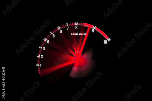 Drive at high speed with tachometer of vehicle on black background , red illuminated display , Automotive concept