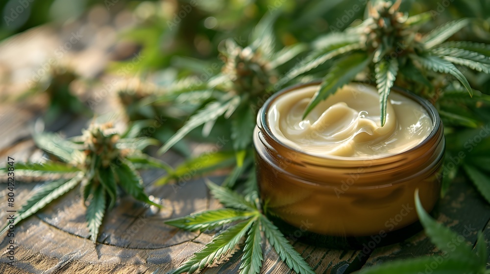 A close up image showcasing a glass jar filled with a natural organic cosmetic cream Surrounding the jar are scattered hemp leaves A close up image showcasing a glass jar filled with a natural organic cosmetic cream Surrounding the jar are scattered hemp leaves