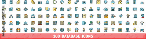 100 database icons set. Color line set of database vector icons thin line color flat on white