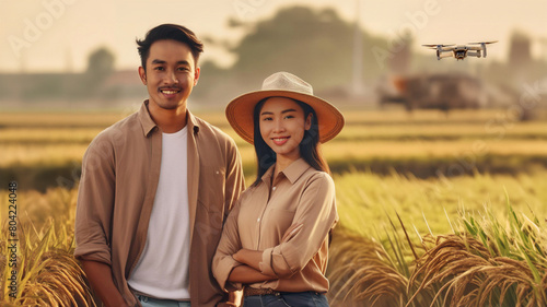 Modren Asian couple farmer in rice field at the countryside with technology, happy farmer after harvesting rice in the field during the day, 