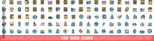 100 dish icons set. Color line set of dish vector icons thin line color flat on white