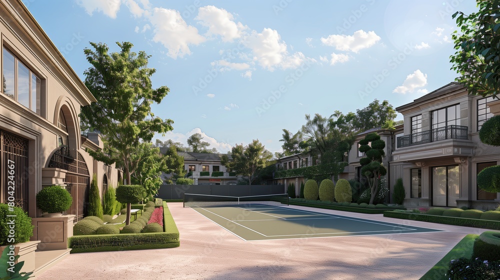 A luxury estate entrance with a private tennis court and a landscaped courtyard