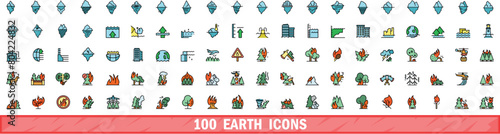 100 earth icons set. Color line set of earth vector icons thin line color flat on white