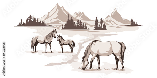 A sketch of horses grazing in a meadow against a mountain backdrop, vector illustration