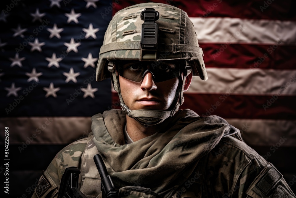 American Soldier in Uniform with US Flag Backdrop American Soldier in Uniform with US Flag Backdrop