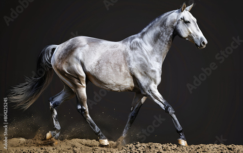 A horse is running in the dirt with the word horse on it. The beautiful gray stallion on freedom autumn. Majestic Horse Galloping in Dust Graceful Stallion Racing Through Autumn 