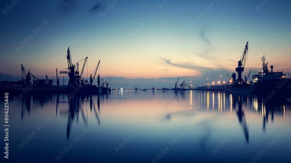 A serene twilight scene at a port, where the silhouettes of ships and cranes are reflected in the calm waters under the soft glow of the moon and stars