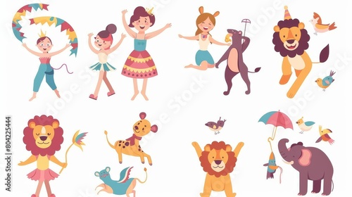 Animated circus illustration with circus acrobats, lions, and bears. Girl character amusement entertainment with exotic safari performers. Festival entertainment. photo
